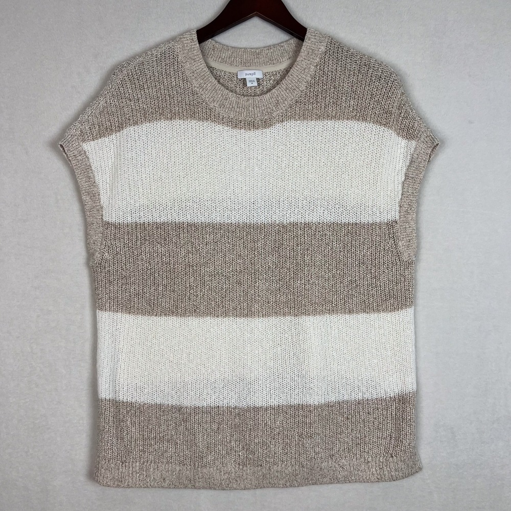 J Jill Pure White Beige Stripe 100% Cotton Knit Sweater Vest Size Medium